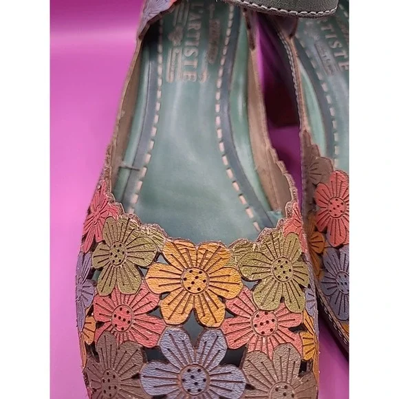 L'Artiste AVNIA Sandals Blue Multi Floral Hand Painted Peep Toe Heels 39 - Picture 11 of 12